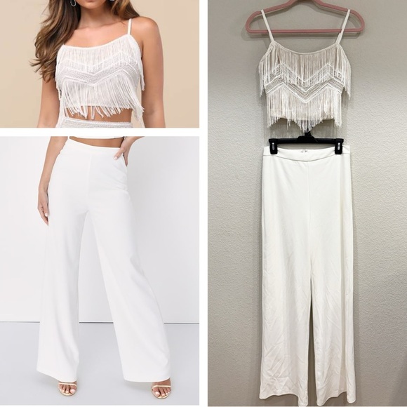 NWOT‎ Lulus White Fringe Crop Top and Trouser Pant - Picture 1 of 11